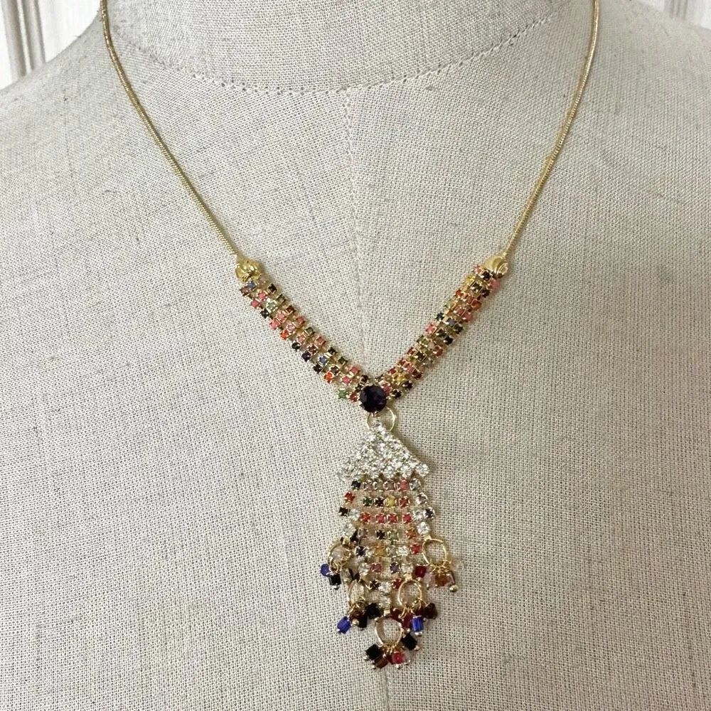 Gold tone colorful rhinestone beaded pendant necklace